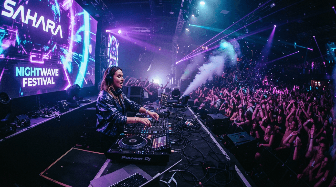 DJ performing for a large crowd with stage lighting